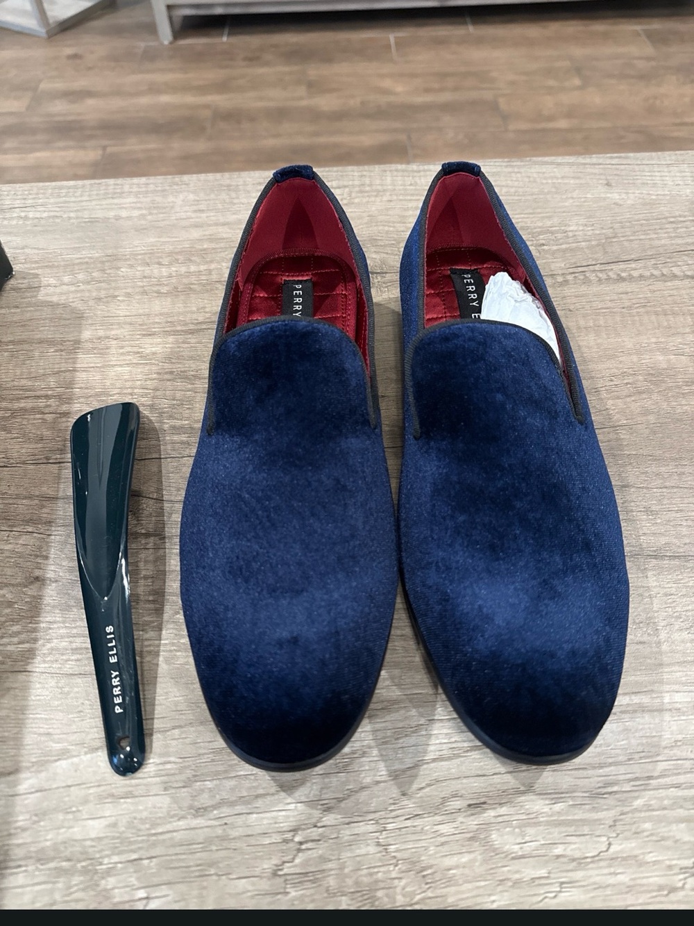 Perry Ellis Men’s Navy Velvet Slip-On Loafers with Red Lining